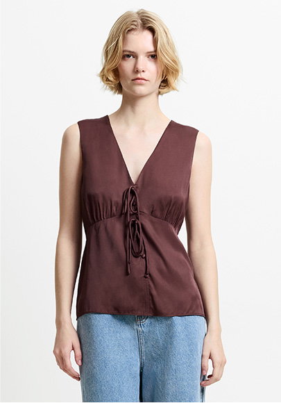 Candice Satin Bow Brown Tie-Up Top