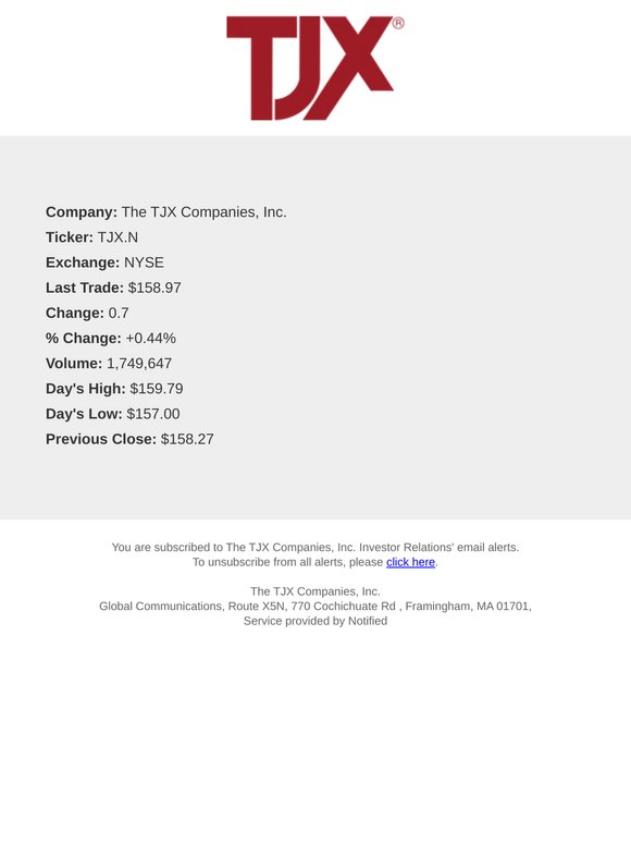 Stock Quote Notification for The TJX Companies, Inc.