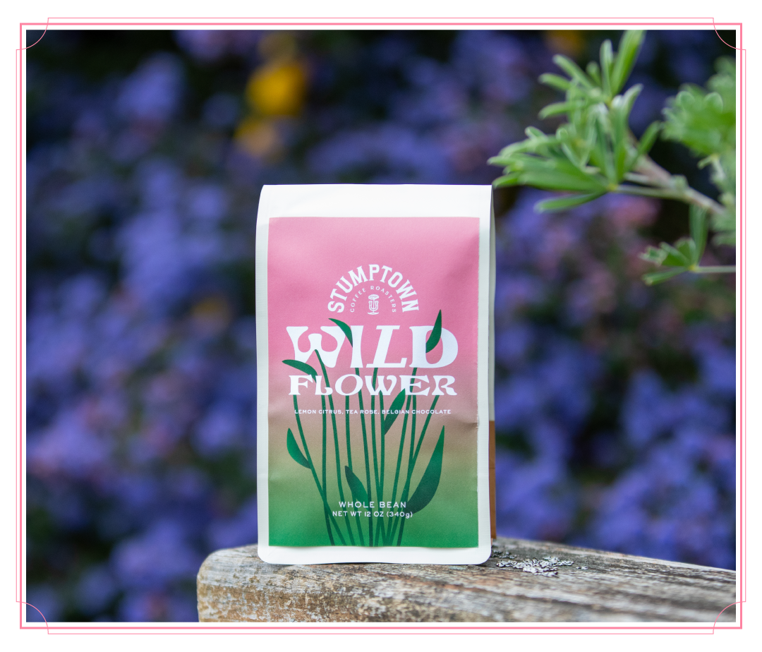 Bag of Stumptown Wild Flower coffee standing on a wooden surface with soft purple flowers blurred in the background. Headline reads: “So Good It’s Wild.”