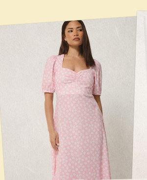  Petite Pink Floral Ruched Midi Dress