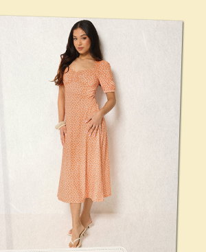 Orange Floral Ruched Midi Dress