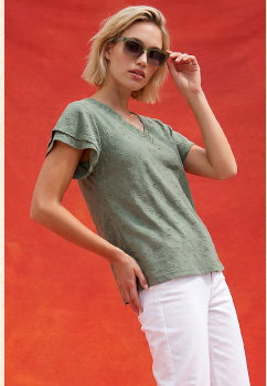 Khaki Broderie Detail V-Neck Stretch Top