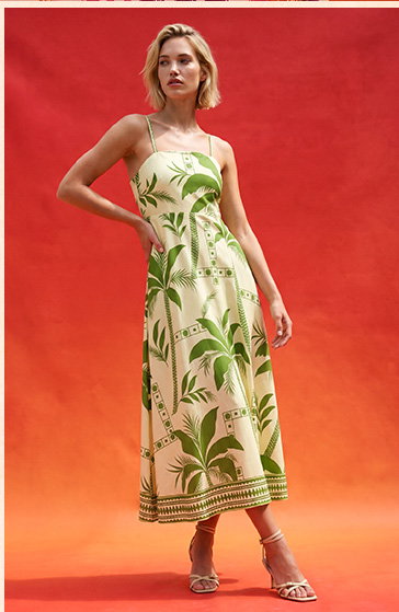 Green Strappy Palm Print Midi Dress