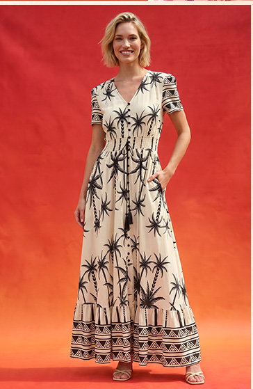 Ivory Palm Print Button Tie Maxi Dress