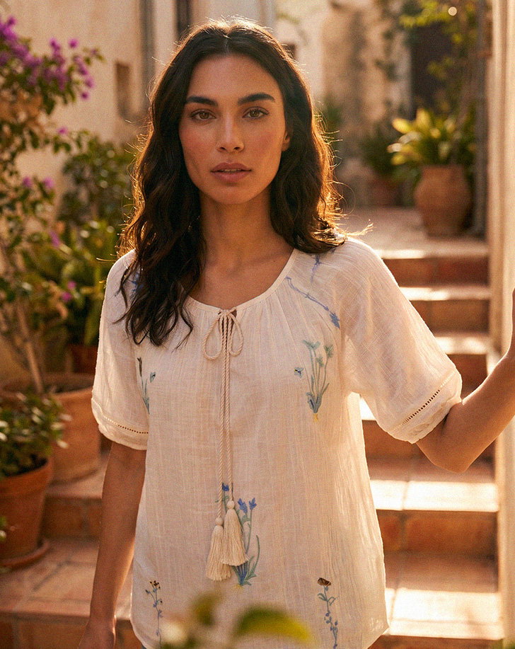 White Botanical Embroidery Keyhole Top
