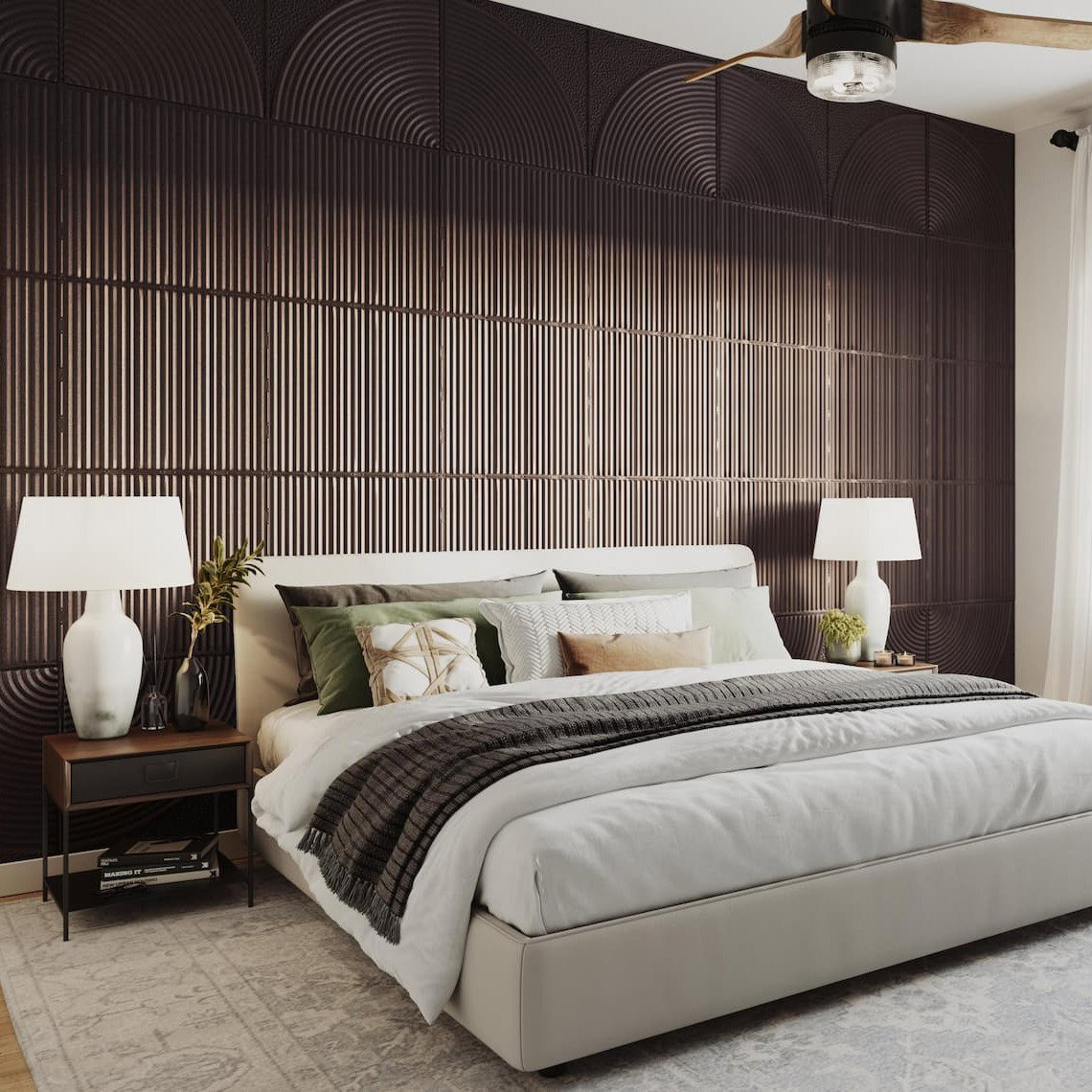 Bedroom with a wall of Straight and Curved Tara Pattern tiles.