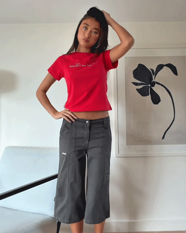 @ebonyaroha wearing our Brassy Baby Tee & It Gyrl Cargo Capri in Carbon.