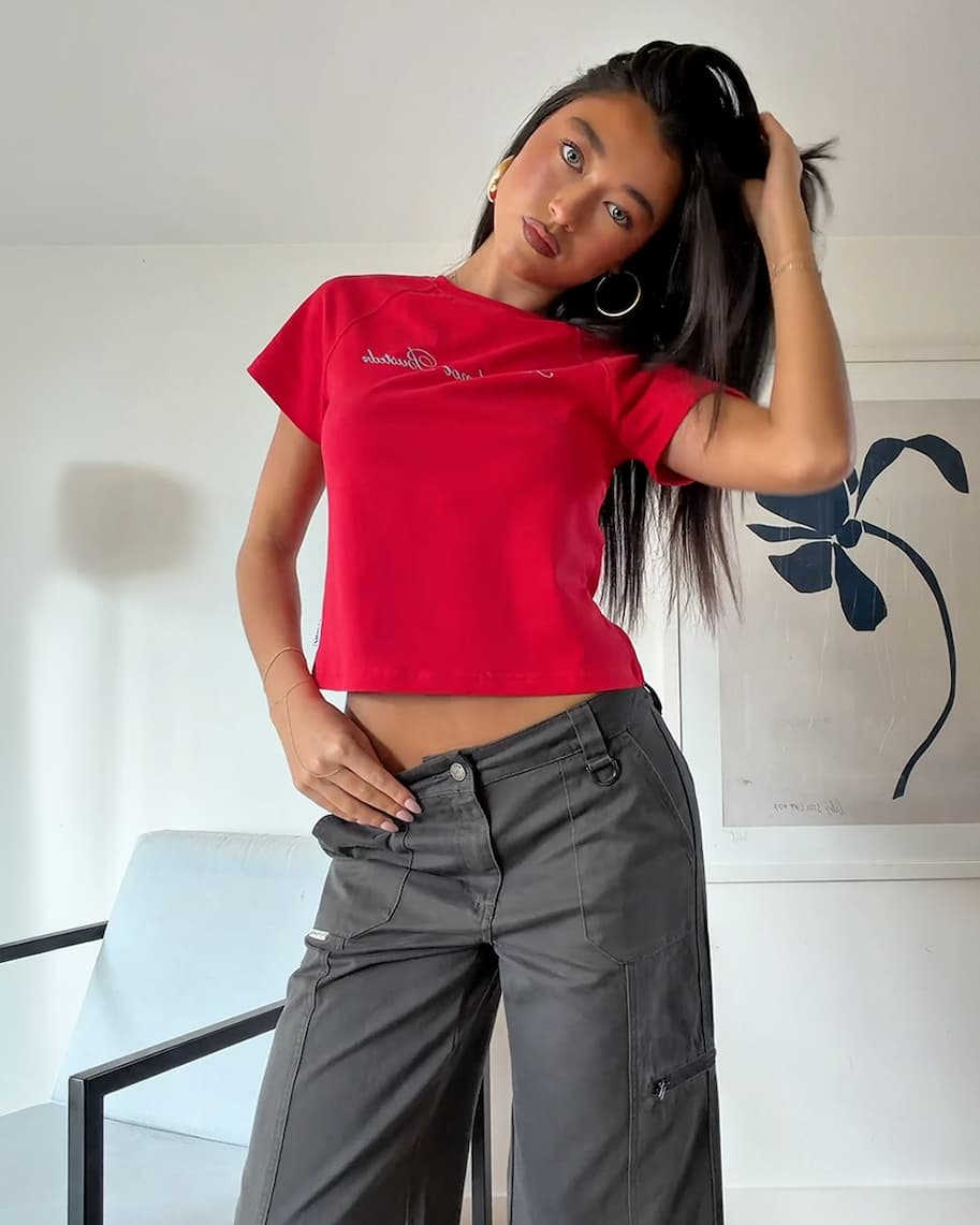 @ebonyaroha wearing our Brassy Baby Tee & It Gyrl Cargo Capri in Carbon.