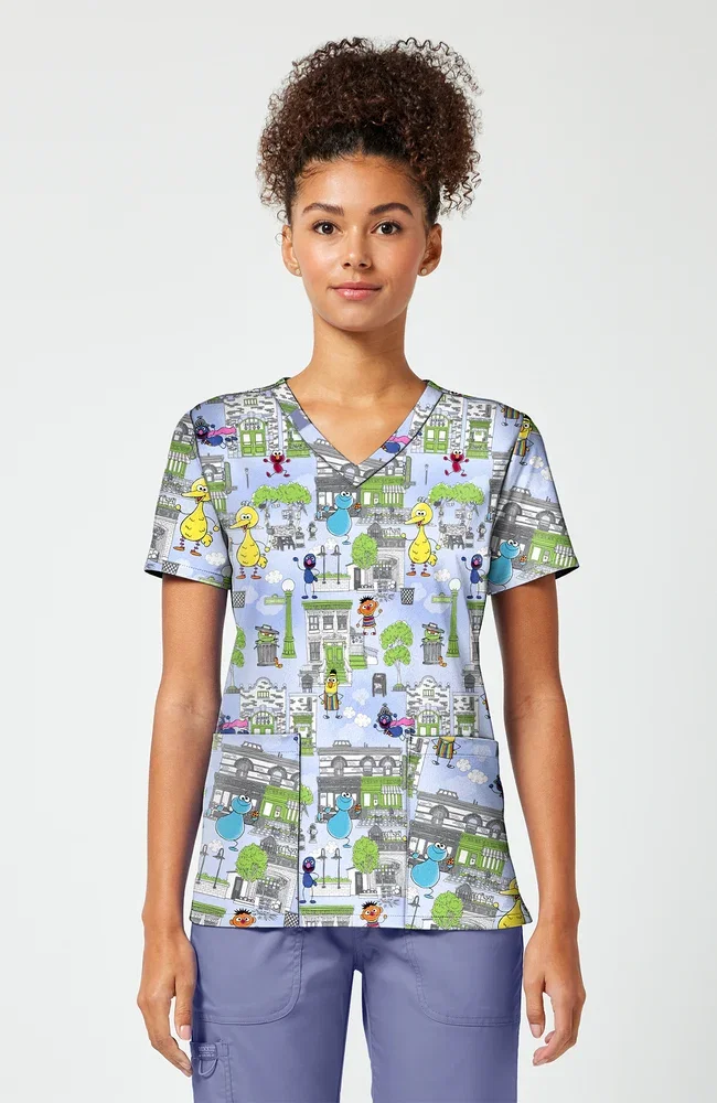 Image of Women's Doodle Days Sesame Street Print Scrub Top
