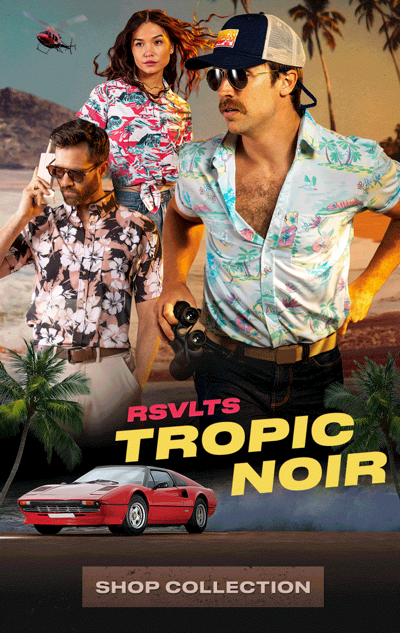 Rotation of men and women wearing shirts from RSVLTS Tropic Noir Collection. Shop Collection