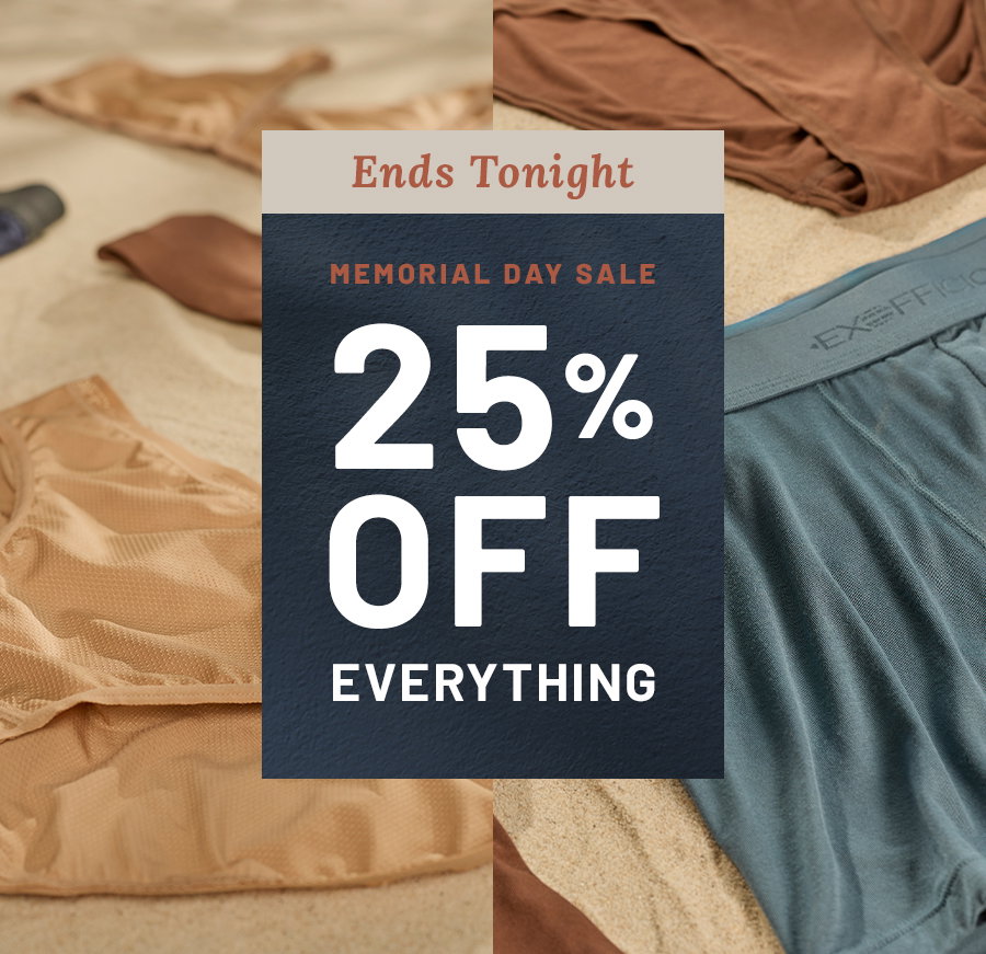 Text reads ends tonight, Memorial Day Sale, 25 percent off everything. Background shows tan and blue clothing on sand.