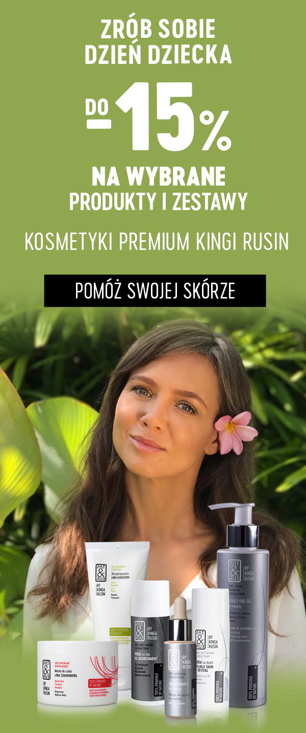 Promotional banner offering up to 15% off selected Kinga Rusin premium cosmetics, smiling woman with a flower in her hair and product display