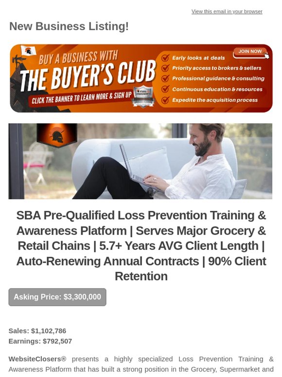New Deal Alert: SBA Pre-Qualified Loss Prevention Training & Awareness Platform | Serves Major Grocery & Retail Chains | 5.7+ Years AVG Client Length