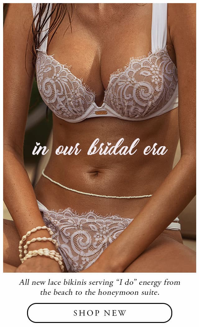 Model wearing white lace bikini. shop new. 