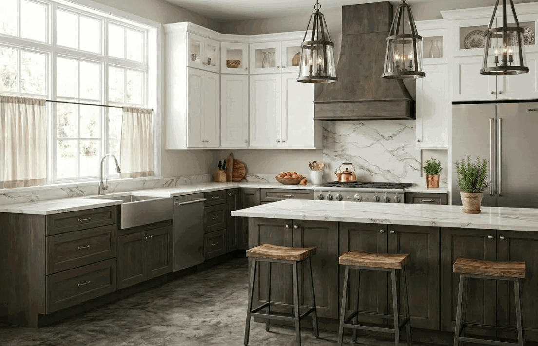 Modern kitchen with marble countertops and island.