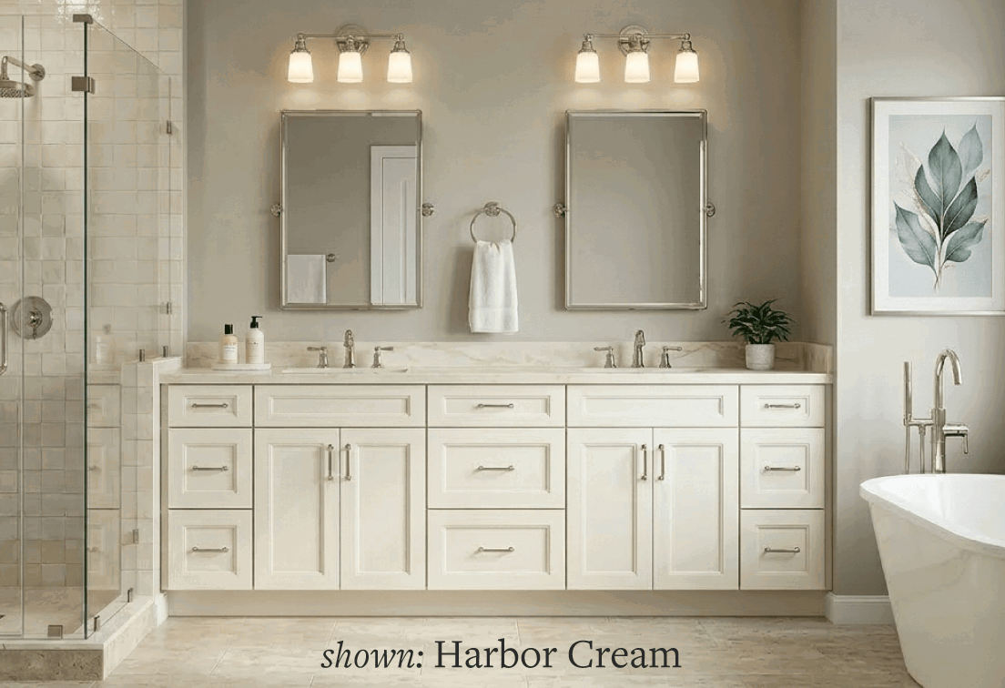 Harbor Cream bathroom with double vanity and mirrors.