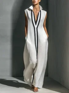 Image of Cotton And Linen Casual Color Block Stand Collar Jumpsuit
