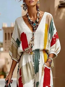 Image of Casual Abstract Printing V Neck Blouse