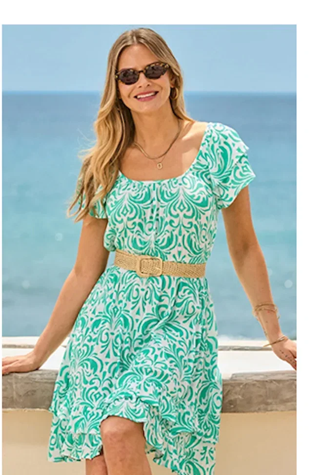 Green & White Paisley Print Rattan Belted Dress