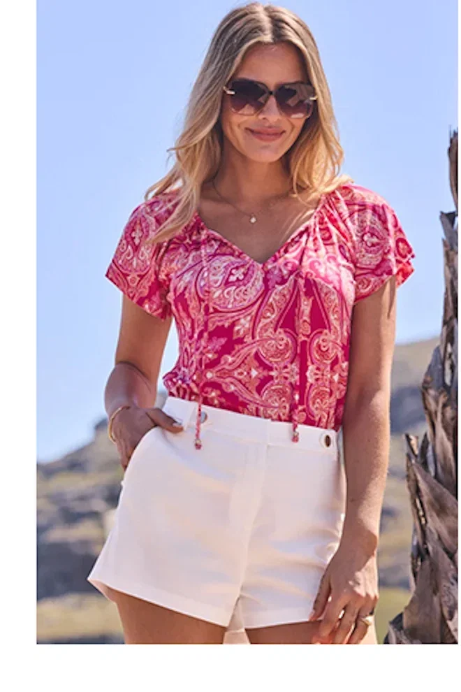 Pink Paisley Print Ruffle Sleeve Tie Neck Top