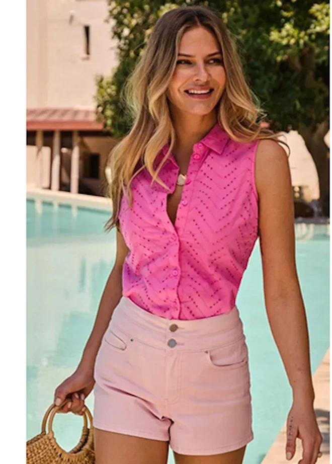 Sorbet Pink Geometric Broderie Sleeveless Shirt