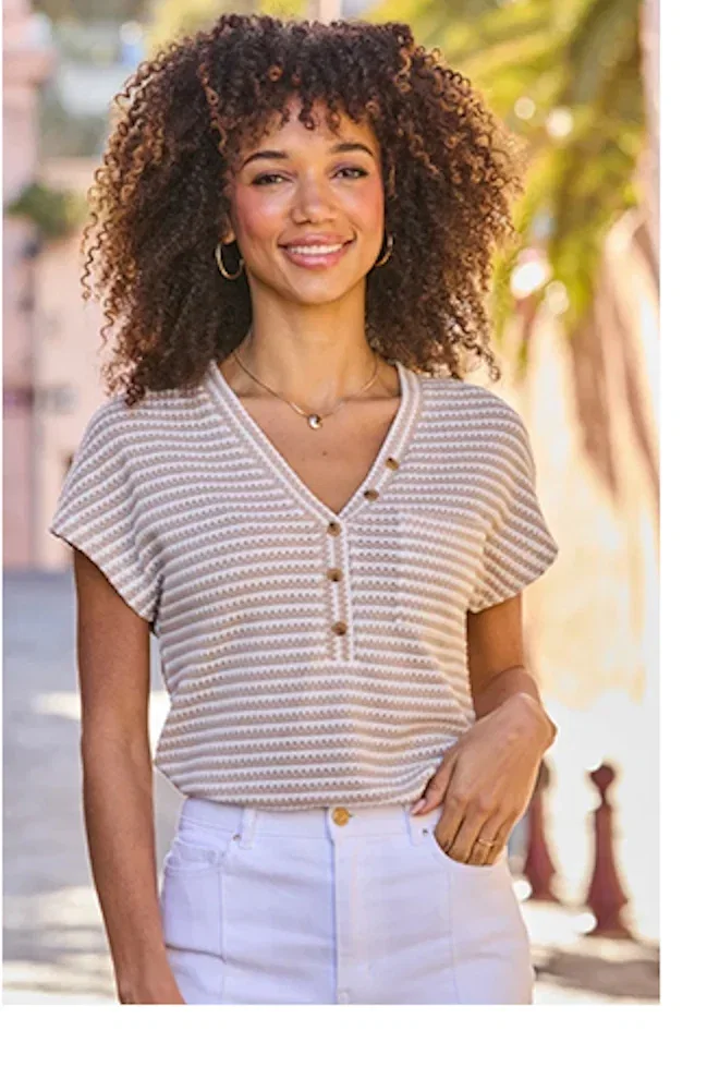 Taupe Stripe Textured Button Front Top