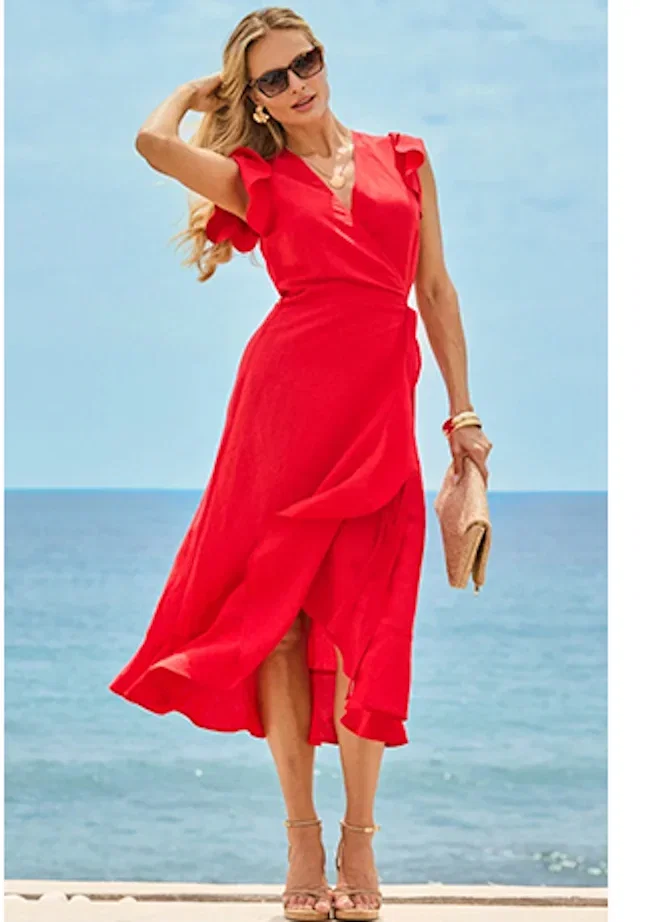 Summer Red Linen Blend Ruffle Hem Wrap Dress