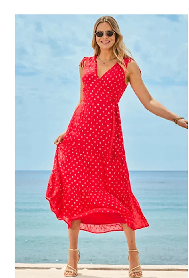 Coral & Gold Metallic Fleck Print Wrap Dress