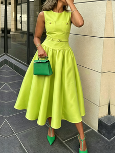 Image of Elegant Plain Crew Neck Maxi Dress With Belt