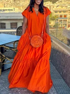 Image of Casual Loose Pockets V Neck Maxi Dress