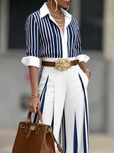Image of Urban Striped Blouse Shirt Collar Regular Fit Long Sleeve Commuting