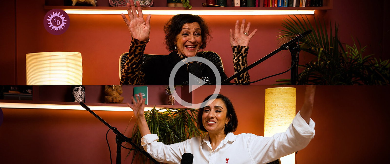 Dame Meera Syal and Anita Rani, overlaid with a play button.