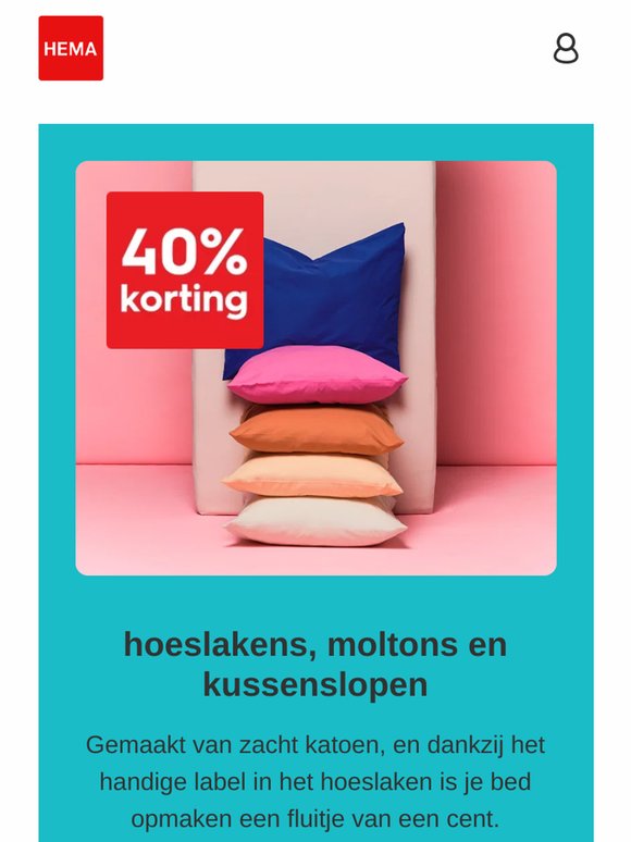 alleen deze week: 40% korting op hoeslakens en kussenslopen