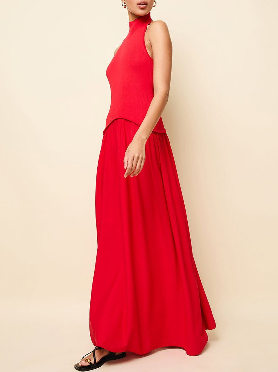 Woman in red maxi dress