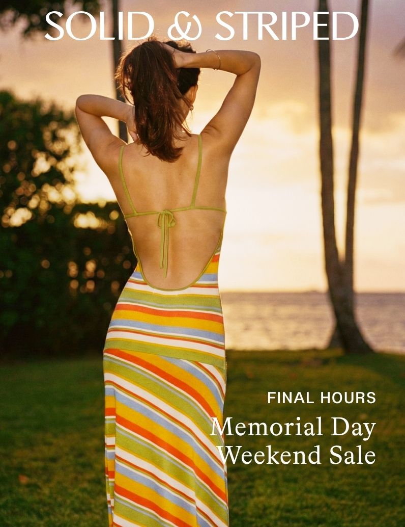 Texyt "Memorial Day Weekend Sale" Overlay. Woman wearing colorful sweater and orange bikini bottom
