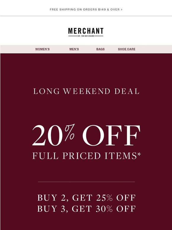 👏 Long Weekend Deal: 20% Off Full Priced Items*