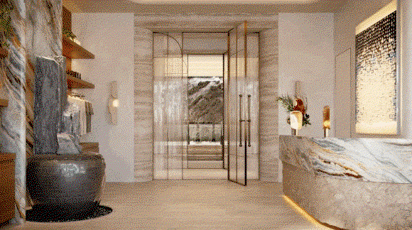 GIF with 3 frames: 1) Spa reception with stone finishes, a curved desk, and glass doors opening toward a tranquil treatment area beyond. 2) Indoor spa pool with cascading water feature set against a dark stone wall, illuminated by soft, ambient lighting. 3) Serene spa interior with warm wood accents, treatment rooms, and a still pool framed by textured stone and soft light. 