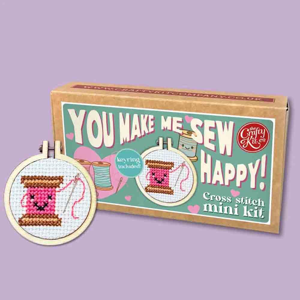 Image of You Make Me Sew Happy! Mini Matchbox Cross Stitch Kit - The Crafty Kit Co.