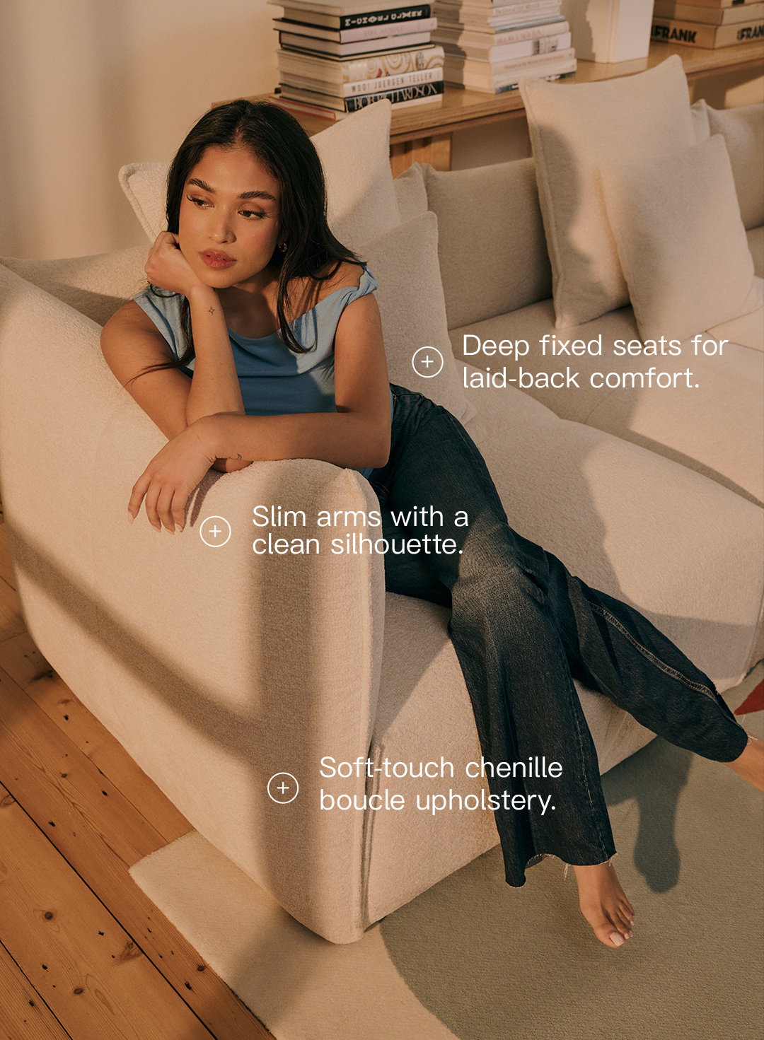 Curved arms with elegant topstitch. Medium seat comfort. Soft-touch chenille with depth + texture