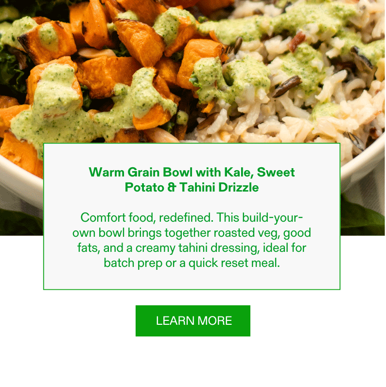 Warm Grain Bowl with Kale, Sweet Potato & Tahini Drizzle