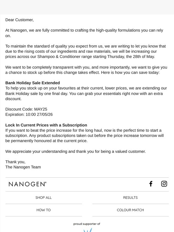 Notice of upcoming price adjustment