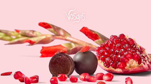Vosges: May Unwrapped featuring two pomegranate goji truffles