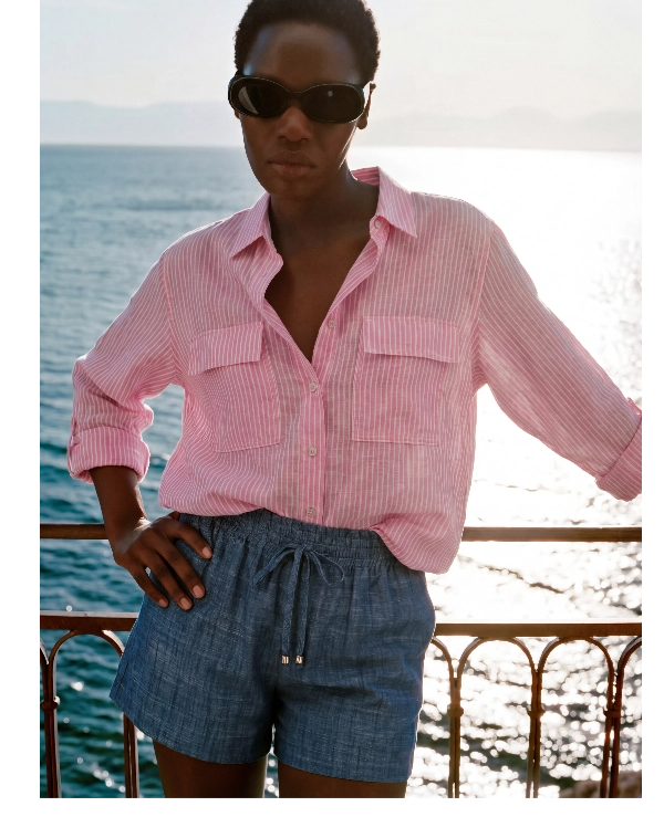 Utility Striped Two Pocket Linen Blend Button Down Shirt