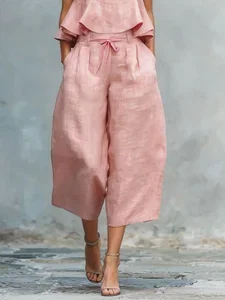 Image of Casual Plain Lace-up Wide Leg Pants