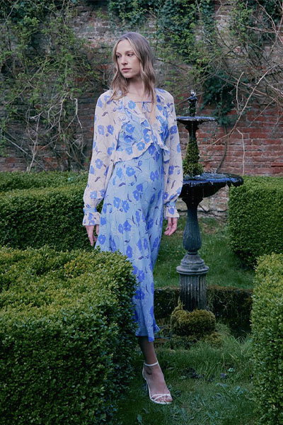 Naomi Floral Long Sleeve Frill Midi Dress