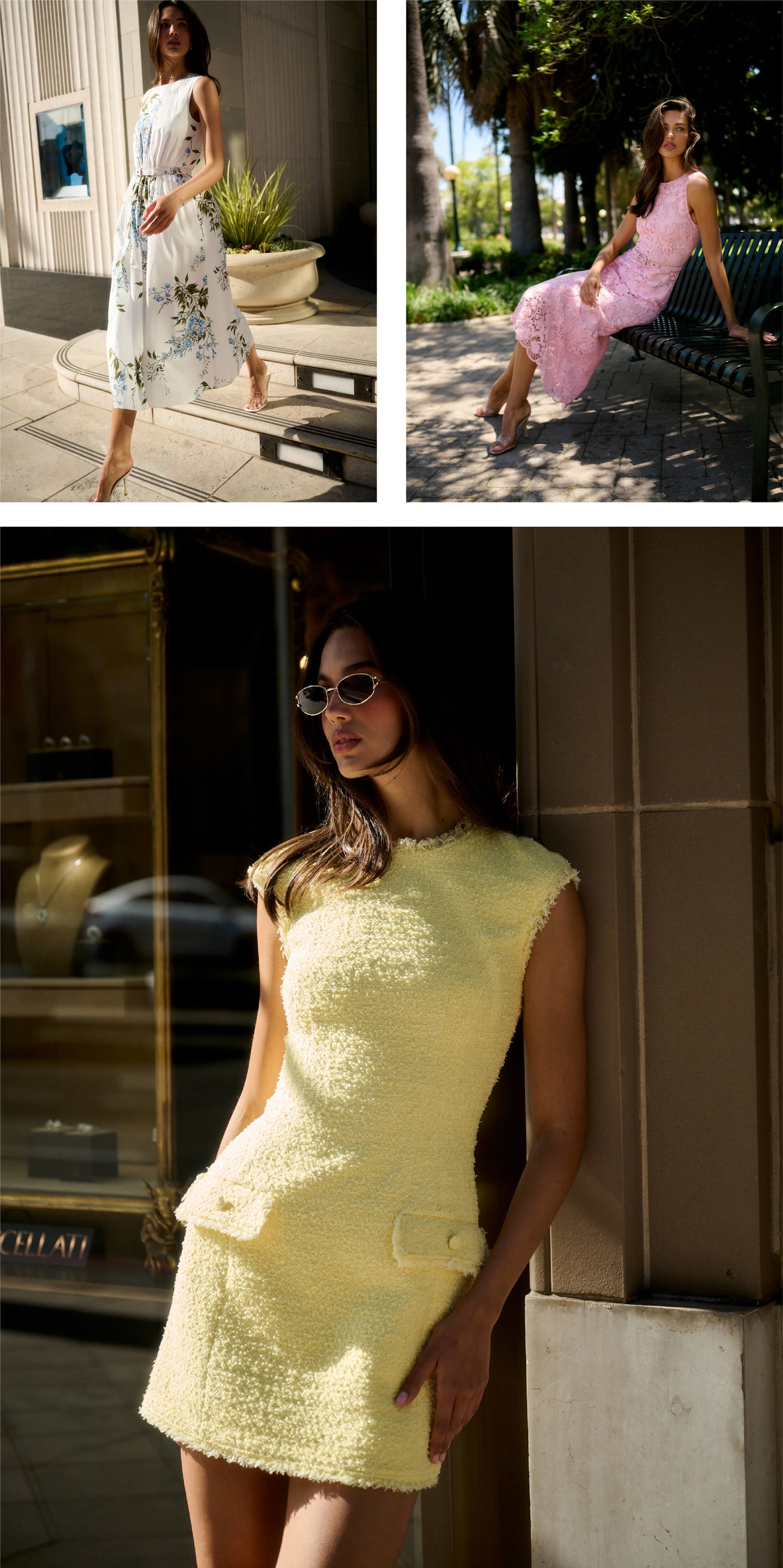 Monique Lhuillier summer day dresses in floral and pastel colors.