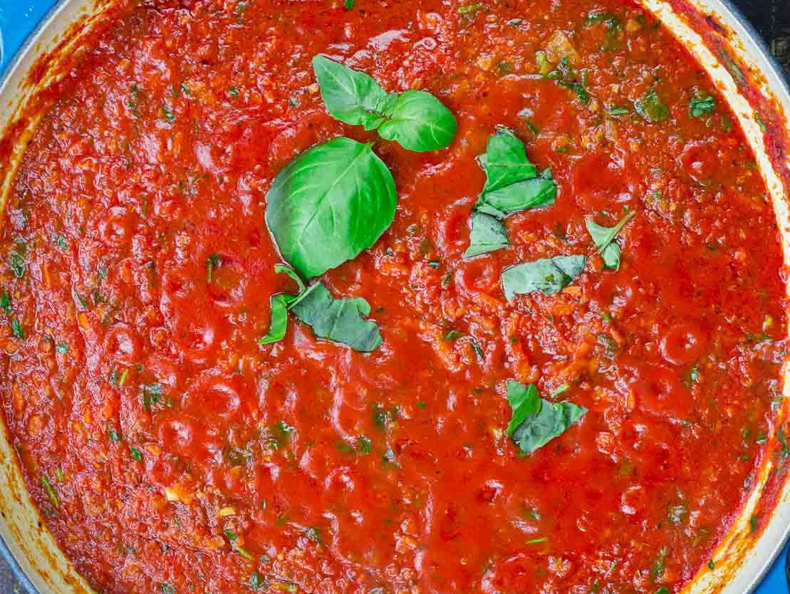 Homemade spaghetti sauce in a pot.