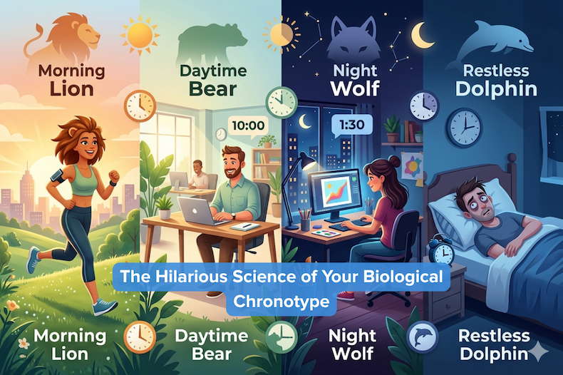 A fun, four-panel illustration showing different sleep chronotypes throughout the day and night, featuring an energetic morning jogger, a productive daytime office worker, a late-night creative at a computer, and a wide-awake insomniac in bed.