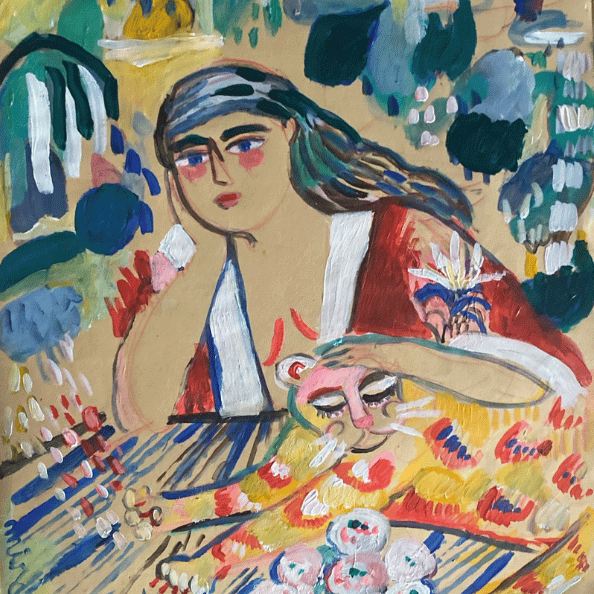 painting of a woman with a cat