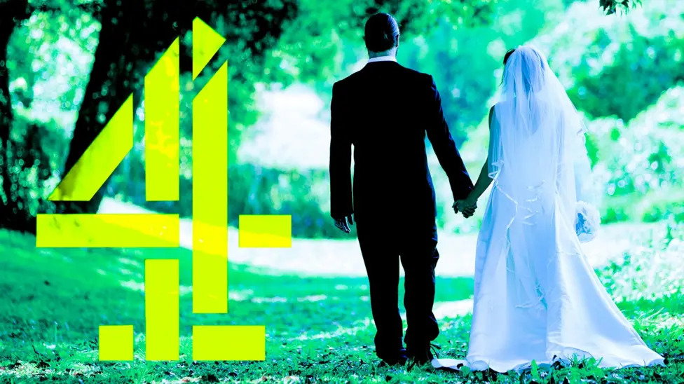 A bride and groom are seen from the back holding hands. They are stood in what looks like a garden, with grass and trees around them. The image is tinted green and there is a large number 4, Channel 4’s logo, to the left of the image.